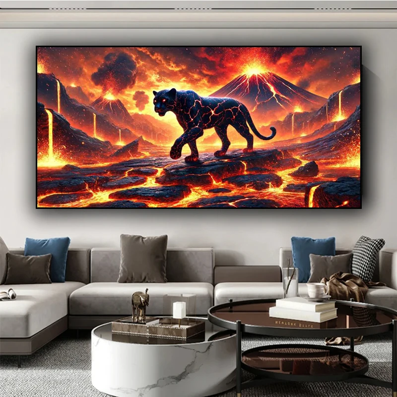 Black Panther Volcano Landscape Diy Diamond Painting New 2025 mosaic Full Square round diamond Embroidery Animal home decor Gift