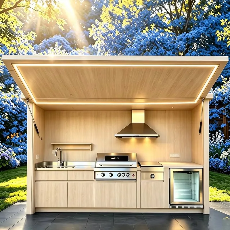 Adjustable Grill Cabinet Aluminum BBQ Grill Base Modular Outdoor Kitchen Station Marble Countertop Mediterranean Modern Design