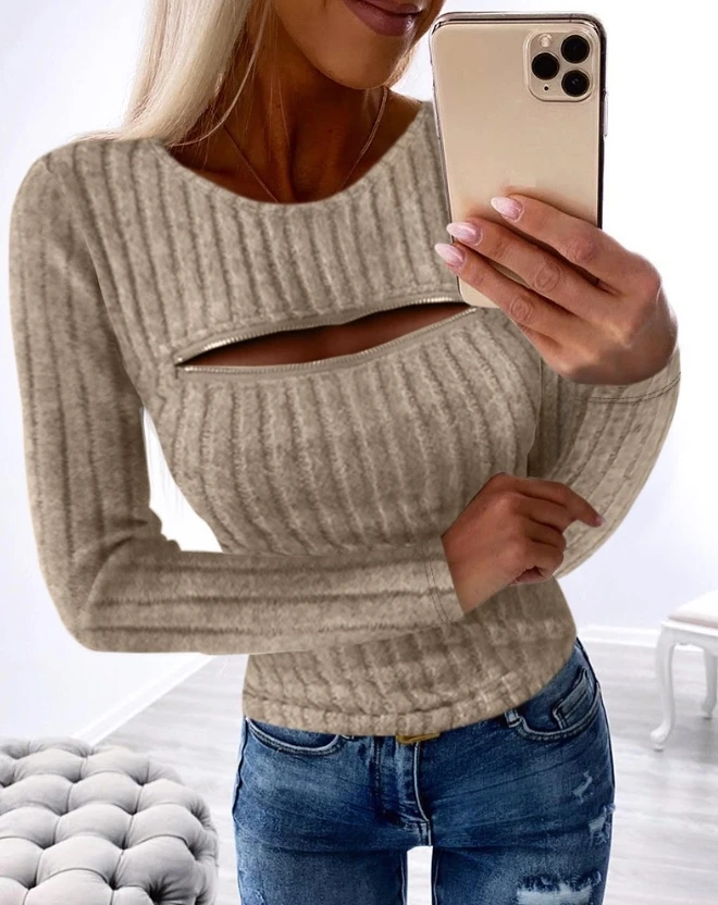 

Fashion Woman Blouse2023 Winter New Casual Solid Color Basic Hollow Round Neck Zipper Design Knit Top Female Clothing