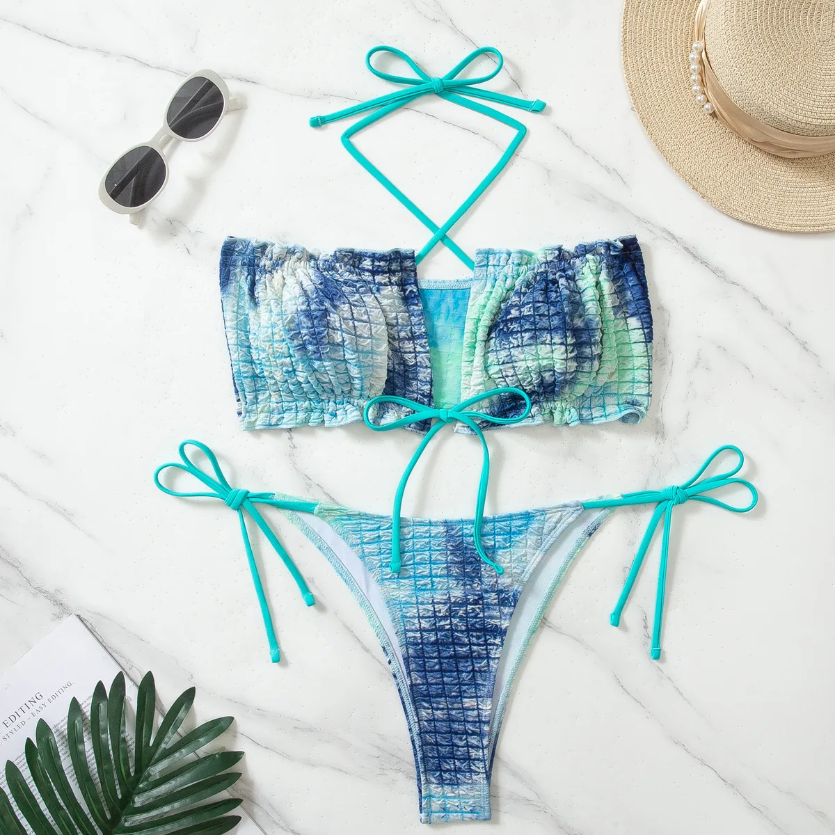 Sexy tie dye print bandeau bikini define duas peças halter enrugado maiô conjunto de biquíni tankini beachwear biquini