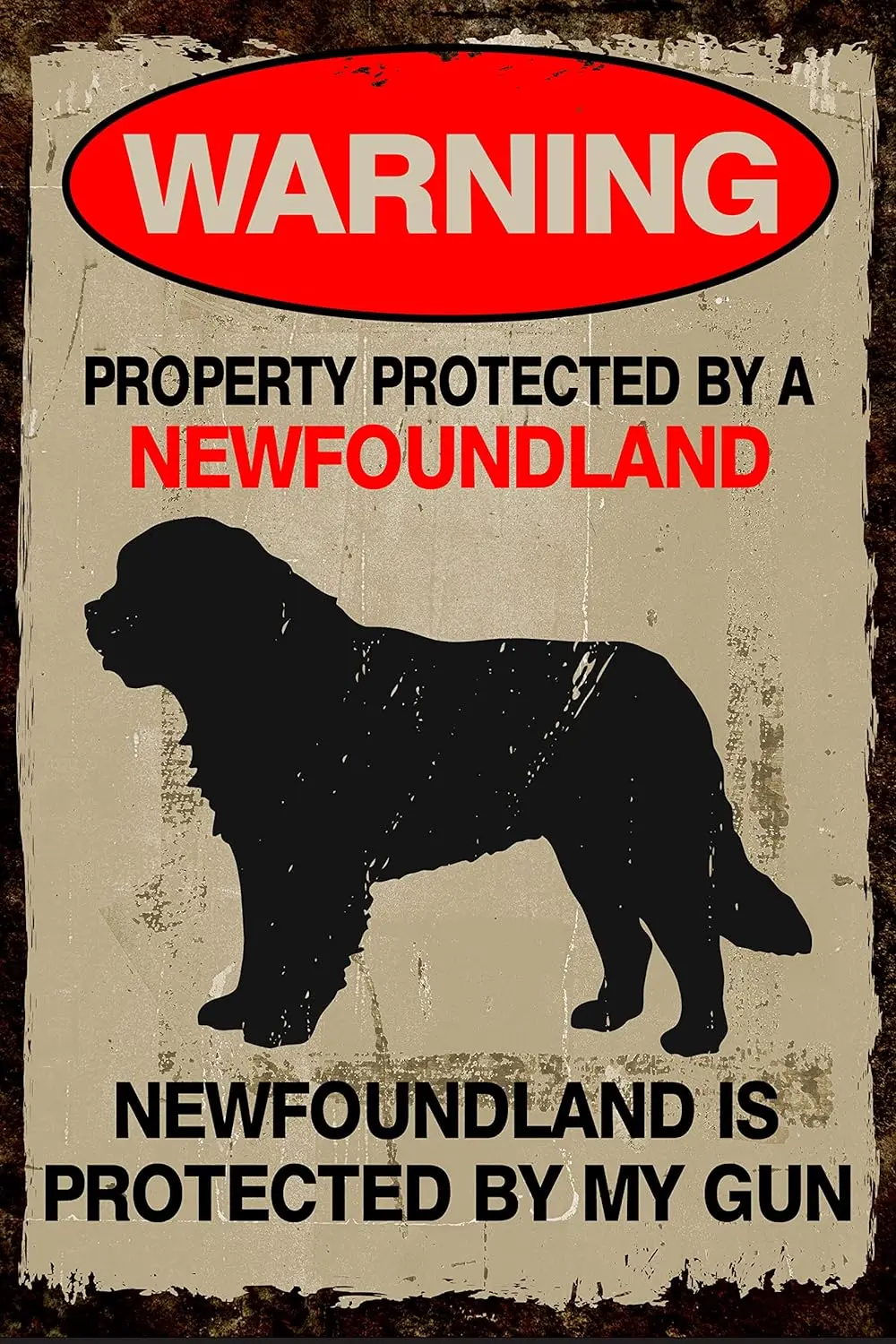 Warning Protected By Newfoundland Dog Sign for Front Door，Retro Metal Sign, Restaurant Bar Cafe Kitchen Room Garage Home Decor