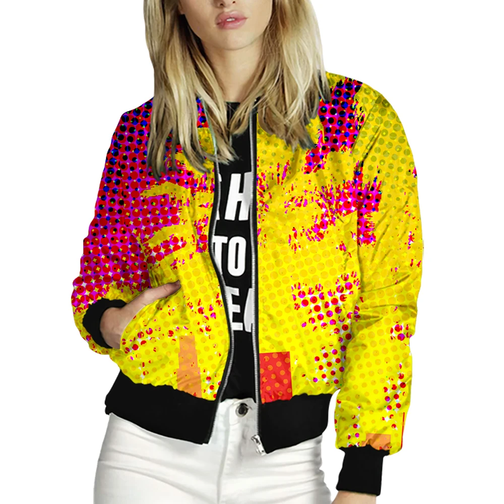 Women's Jacket Tops Long Sleeves Pop Art Print Baseball Collar Zipper Coat Slim Fashion Lady Girls bomber Jacket Street Style