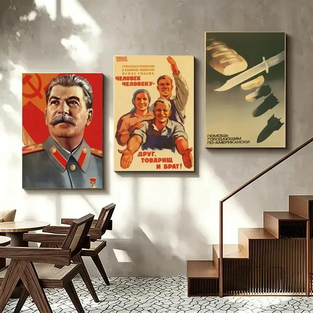 Vintage USSR CCCP Russian Stalin Portrait Poster Self Adhesive Art Prints for Bedroom Living Room Wall Decor Home Decoration