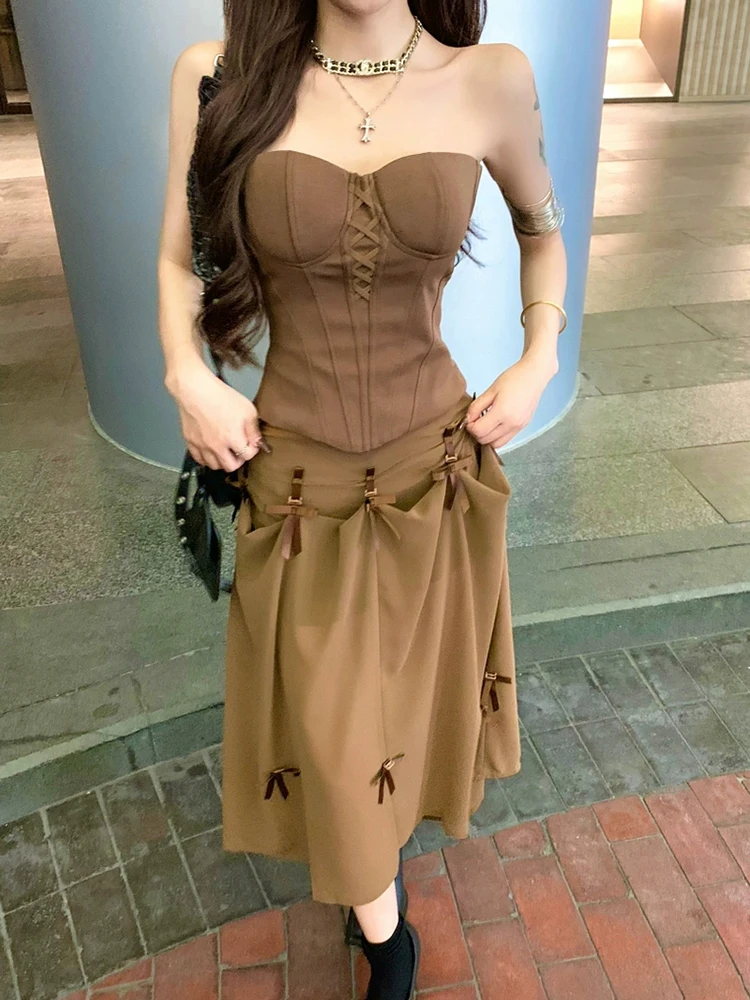 RORORIRI Desire-Top con corsé para mujer, falda de gasa, conjunto sin espalda, liso, ajustado, sin mangas, chaleco con lazo empalmado, falda plegable, ropa Retro