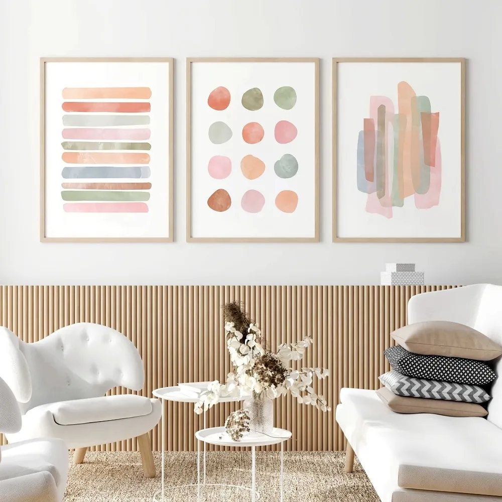 3pcs frameless Canvas Painting 3pcs Frameless Modern Abstract Wall Art,Beige Minimalism and Polka Dot Stripe,Pastel Canvas Print