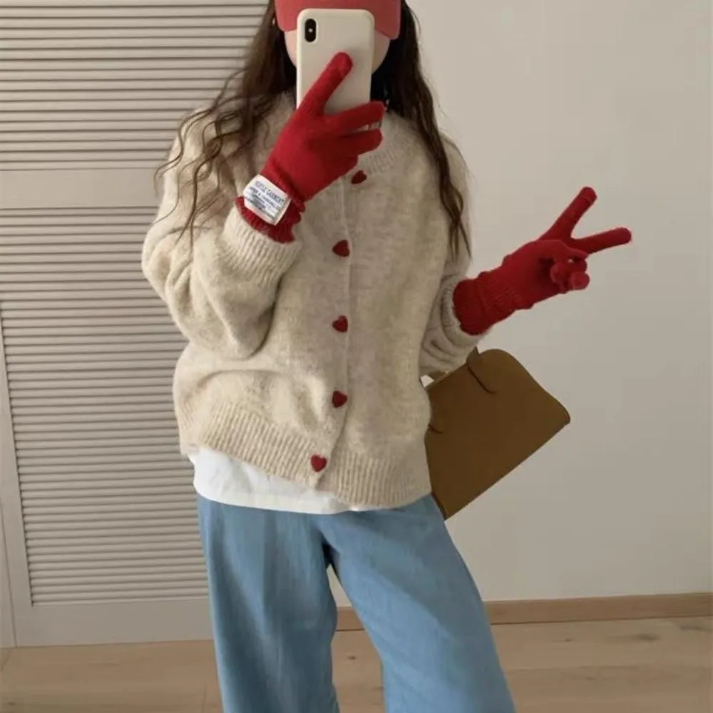 

New Warm Knitted Cardigan Round Neck Love Buckle Casual Tops Slim Sweater Women