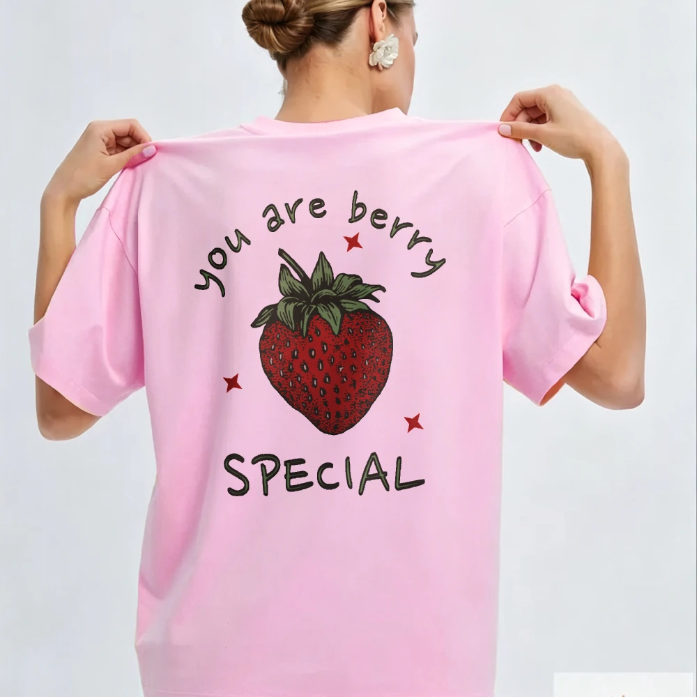 Vintage Hand Drawn Strawberry Print Women Short Sleeve Tee You Are Berry Special Casual Beach Daily Sweet Graphic Top