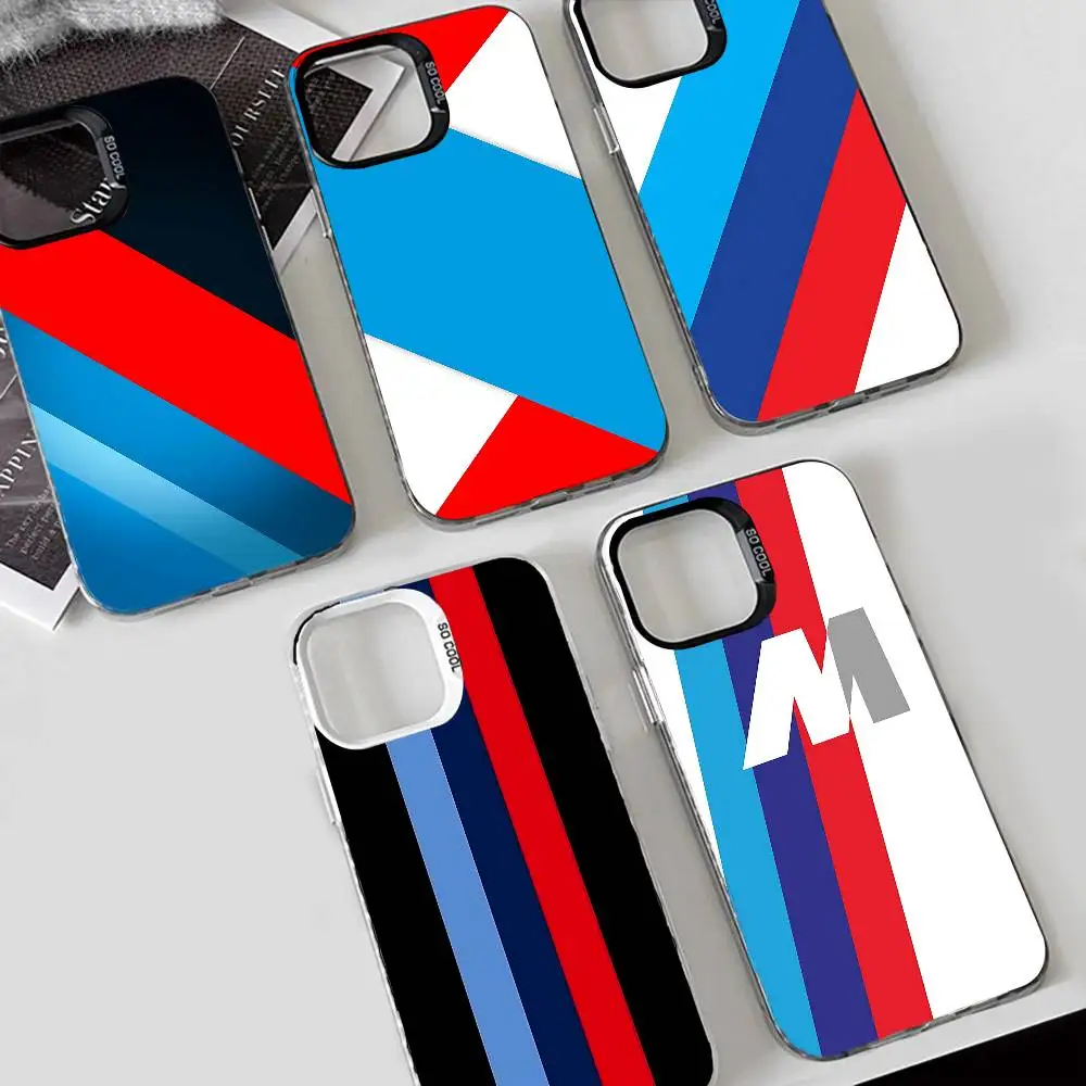 حافظة هاتف أنيقة بحروف M مخططة باللونين الأحمر والأزرق لهاتف آيفون 17 16 15 14 13 12 11 Pro Max Plus غطاء خلفي فضي مقاوم للصدمات #1