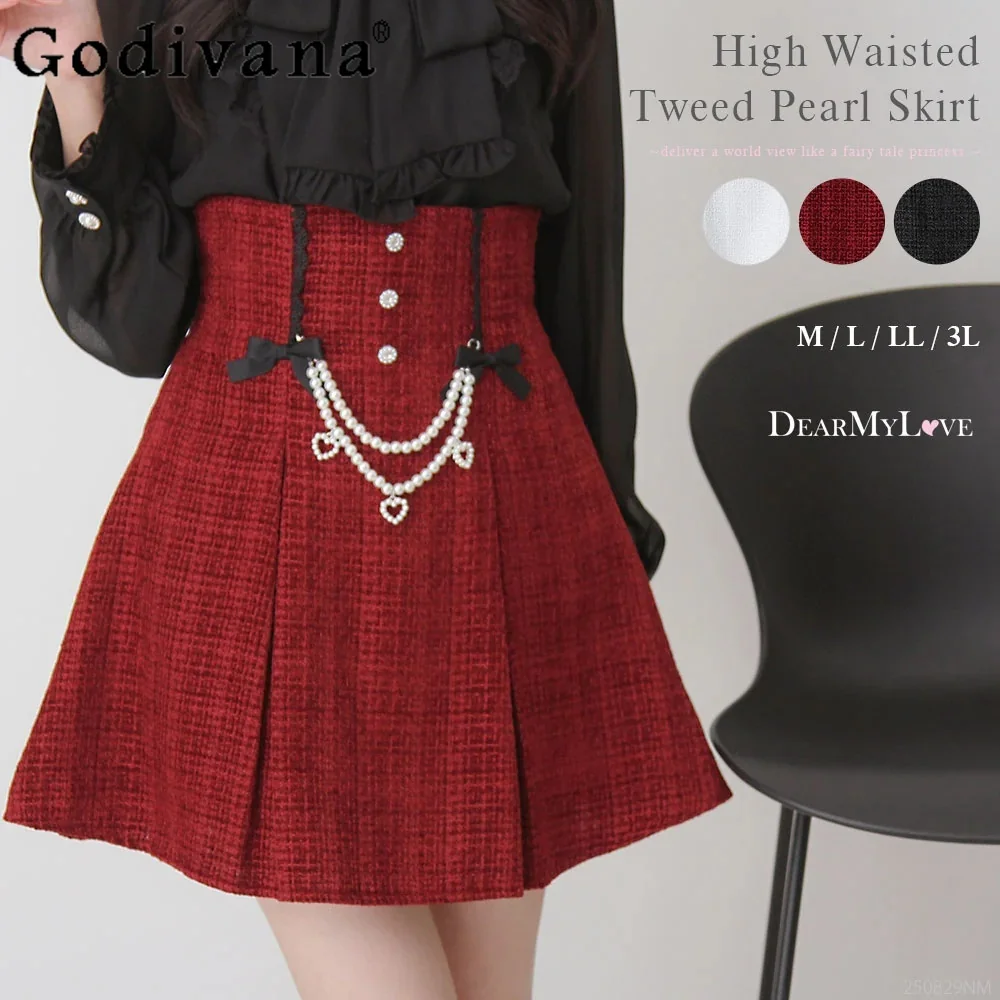 

Японская милая красная юбка в стиле Лолиты в стиле ретро, весенне-осенняя женская тонкая элегантная юбка трапециевидной формы с высокой талией и жемчужной цепочкой, офисные женские юбки