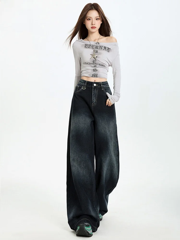 

Джинсы с низкой талией и широкими штанинами, синие джинсовые джинсы, женские свободные брюки длиной до пола, прямой крой, осенние новые винтажные брюки