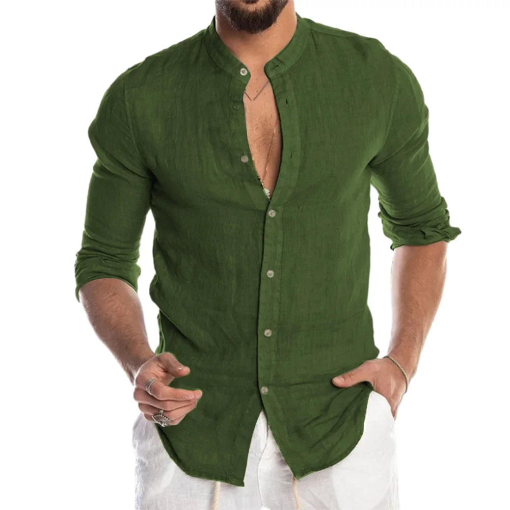 Camicie di lino di cotone per uomo manica lunga monopetto bottone risvolto colletto Baggy Solid top camicia e camicetta abbigliamento da uomo