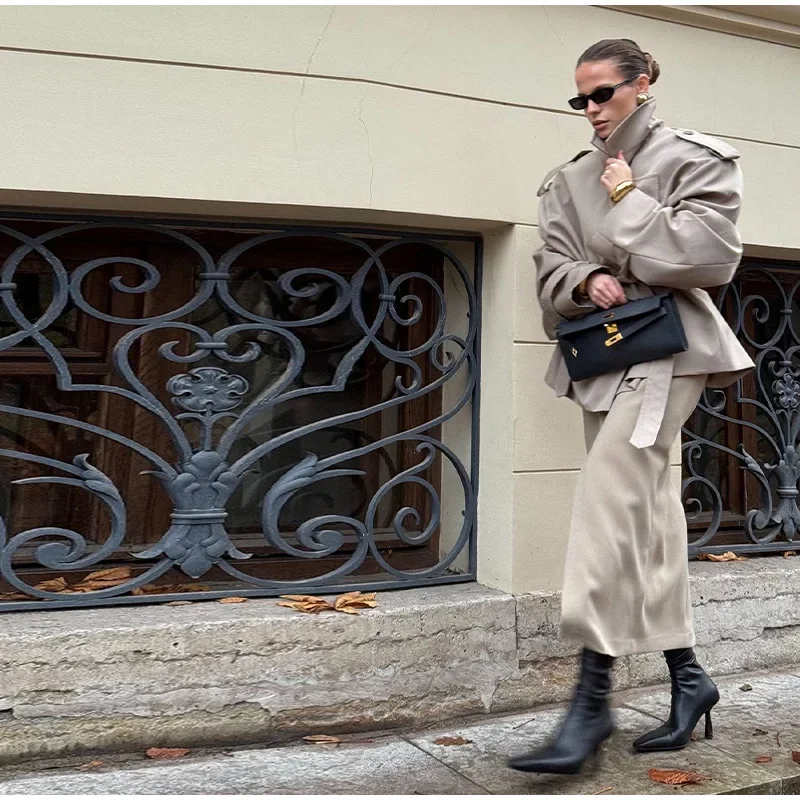 Chaquetas holgadas informales para mujer, cinturón de manga larga con solapa, cortavientos corto con doble botonadura, ropa de calle elegante a la moda para primavera y otoño