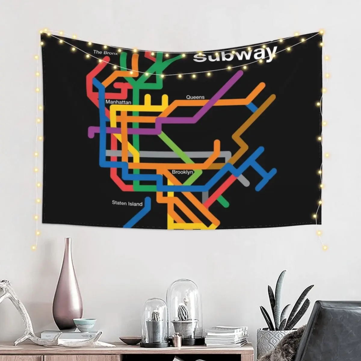 NYC Subway diagram, black background Tapestry For Bedroom Cute Decor Decoration Bedroom Tapestry