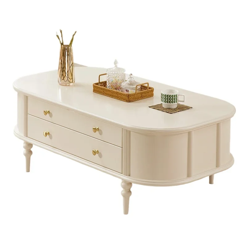 

French cream style solid wood TV cabinet coffee table combination, white household modern side cabinet