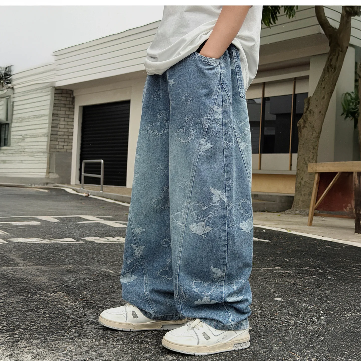Teenage Boys' Jacquard Jeans Straight Tube Loose Wide Leg Pants Summer Autumn Mosquito Resistant Kids' Clothing 4-14 Years