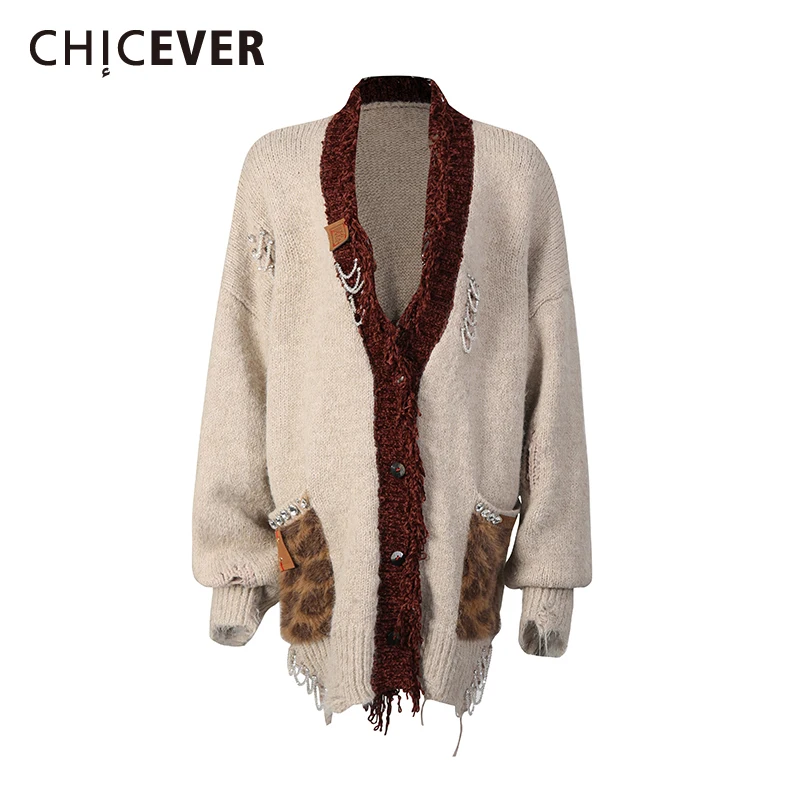 

CHICEVER Solid Spliced Pocket Gentle Sweater Female V Neck Long Sleeve Loose Casual Lazy Women's Sweaters Autumn Fashion Style