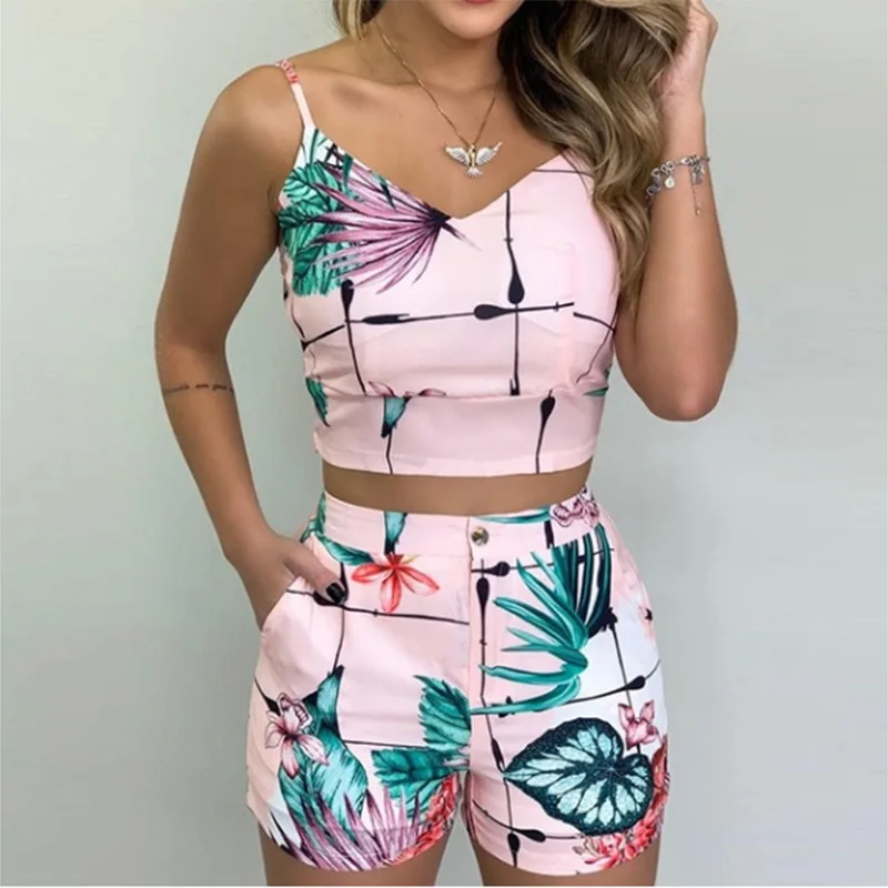 

Print Spaghetti Strap Crop Top & Short Sets Casual Summer 2 Piece Outfits for Women Fashion Office Lady Print Outfits Party Wear