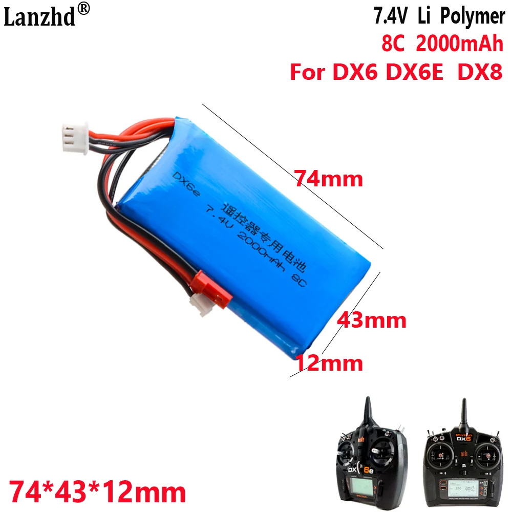 

7.4V 2000MAH 8C Lithium battery For Spektrum dx6e DX6 DX8 Horizon Remote Control battery 2S1P pack
