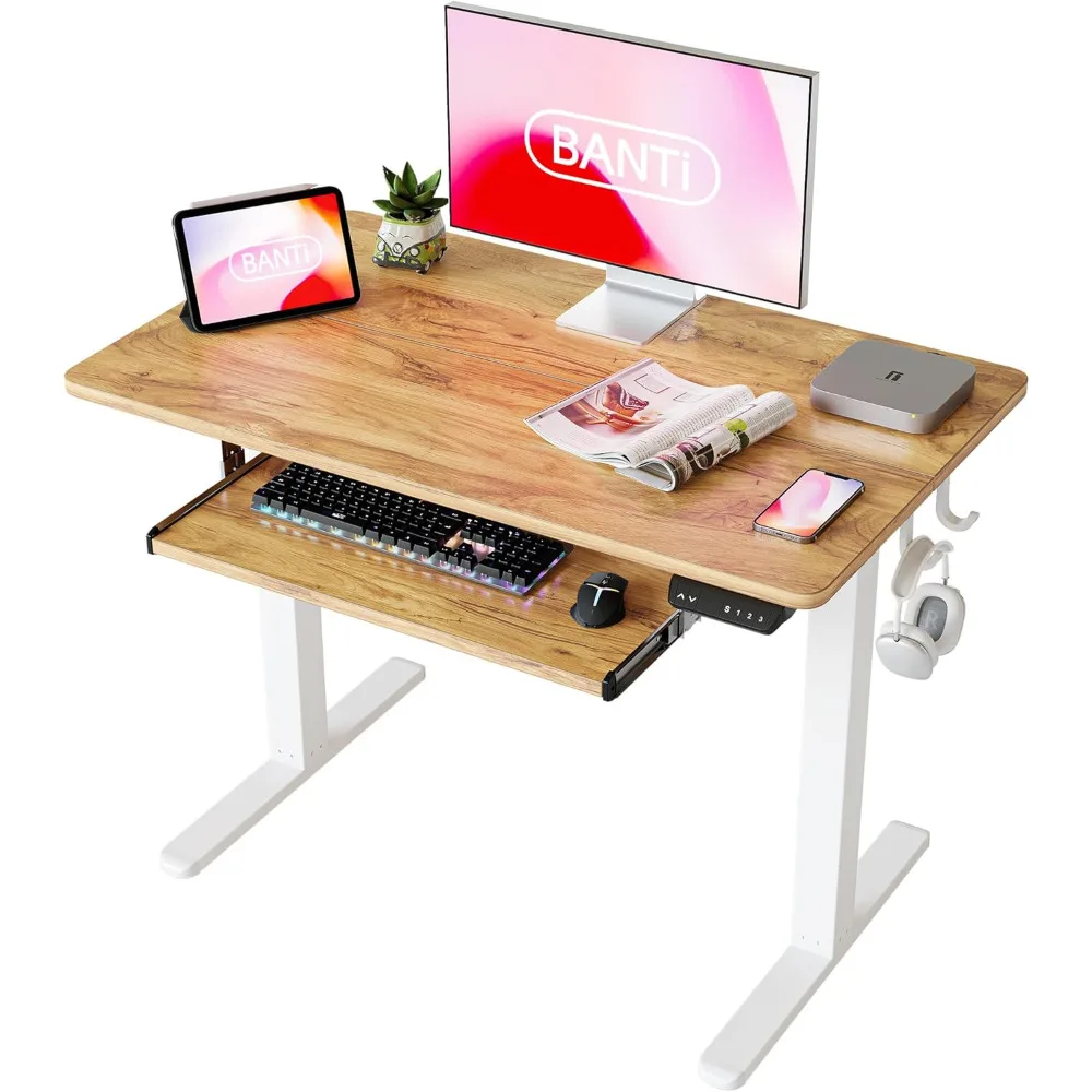 

40"x24"Height Adjustable Electric Standing Desk with Keyboard Tray, Sit Stand up Desk with Splice Board White Frame/Light Rustic