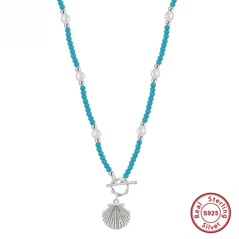 

925 Sterling Silver Creative Beaded Turquoise Chain Shell Pendant Necklace Women Vacation Style Pearls Necklace GPN82