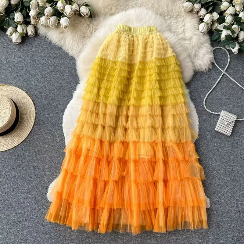 Gradient Color Irregular Mesh Skirt Women, Long Cake Skirt Fluffy High Waist Slimming A-line Fairy Gauze Skirt Jupe Longue