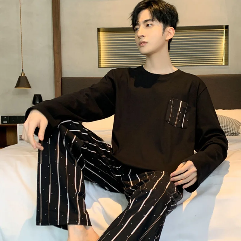 Spring And Autumn Men\'s Pajamas Teenage Long-Sleeved Pajamas Set Loose Casual Homewear Men\'s Homewear Suit