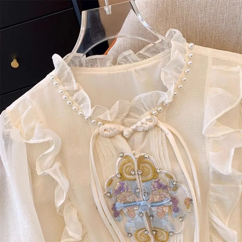 Nieuwe Chinese Sle Geborduurde Kant Trim Bubble Sve Chiffon irt Dames Zomer 2025, Faionable Top Stand Kraag Lange Sve