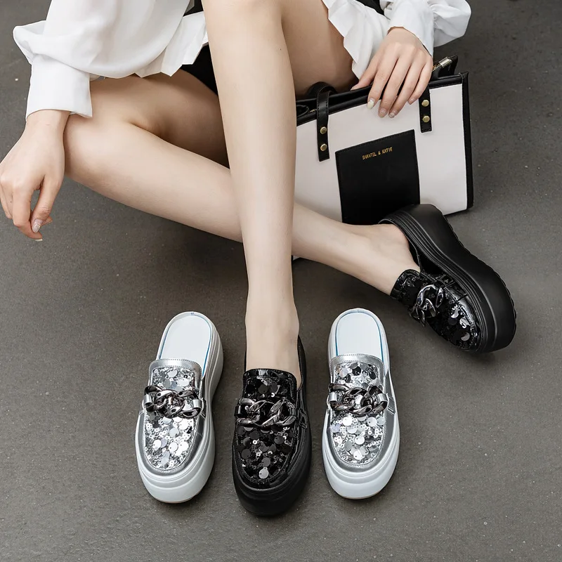 

8cm High Glitter Fashion Casual Platform Wedge Slippers Summer Air Mesh Patent Microfiber Leather Women Bling Sandals Shoe