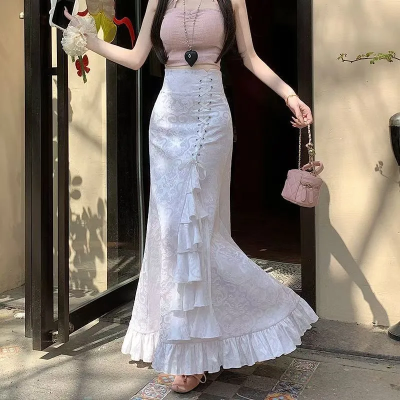 Długa spódnica w stylu gotyckim, wiktoriańska, średniowieczna, punkowa, z rybim ogonem, wiązana w talii, zdobiona, z nadrukiem, midi.