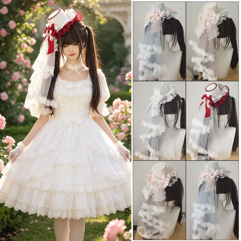 

Handmade Lolita Mini Top Hat with Veil Hair Clip Fascinator Gothic Party Headdress Sweet Kawaii Hair Accessories for Women Girl