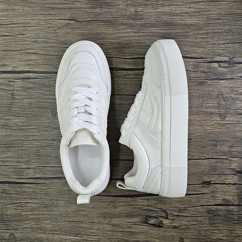 2024 Women New Fashion Lacing Round Head Flat Thick Sole Sneaker Solid Versatile Casual Simple White Shoes Female Chic