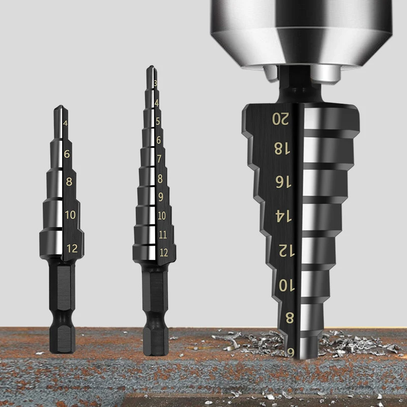 Hexagonal shank straight groove black step drill bit 3-12/4-12/4-20/4-32mm reaming step drill tower drill tool set