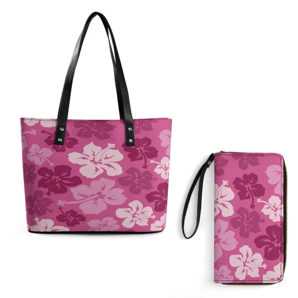 

Floral Print Women Pu Handbag Custom Polynesian Tribal Design Shoulder Bag And Wallet Large Capacity Fashion Storage Bag 2 Sets
