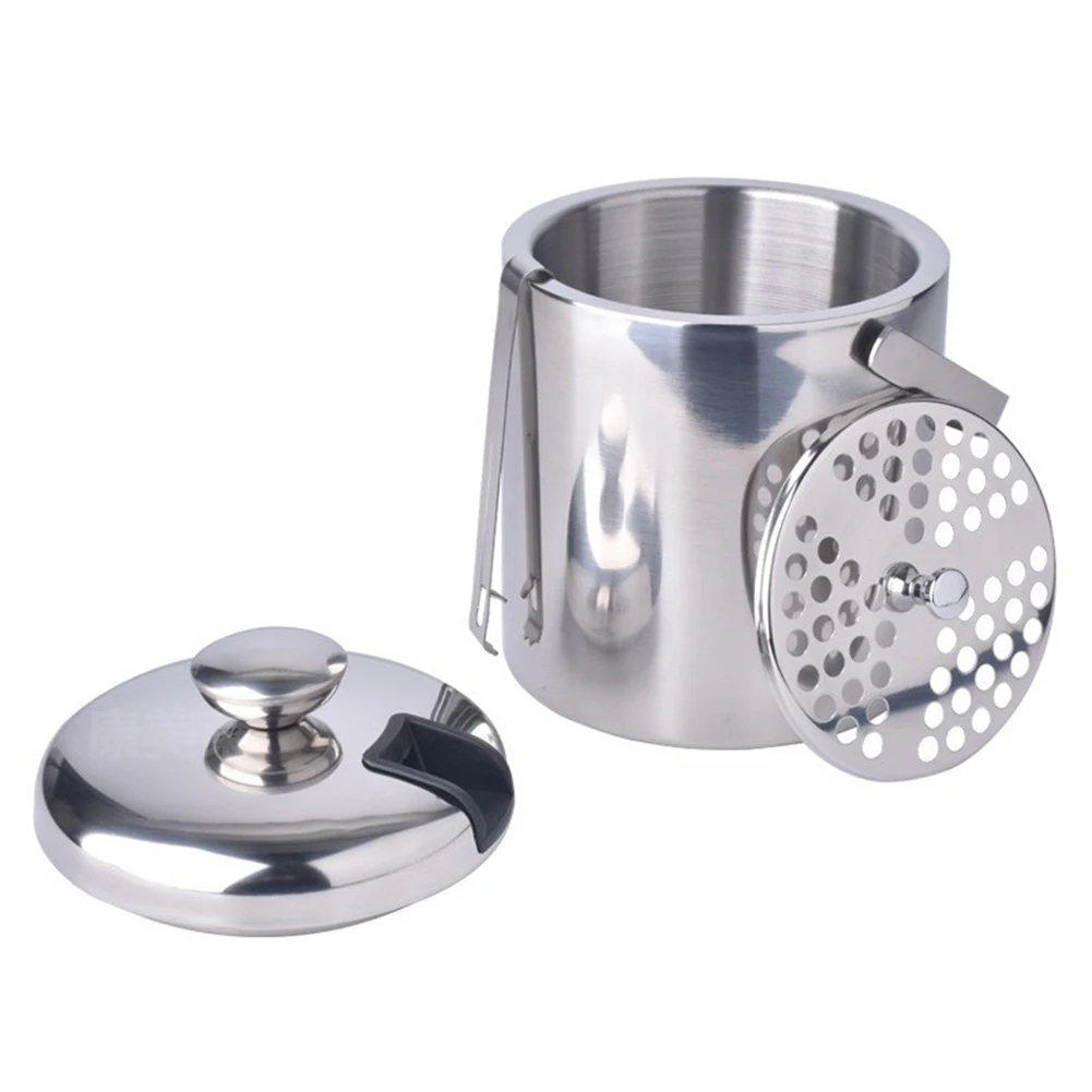 

Stainless Steel Ice Cube Bucket with ice Tong Clip Lid Double Wall Strainer Cooler Container for Wine Champagne Whiskey Vodka
