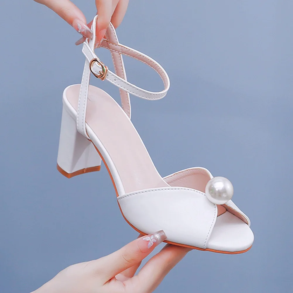 7cm thick heel fish mouth sandals square root thick heel sandals white dress sandals studded pearl wedding shoes