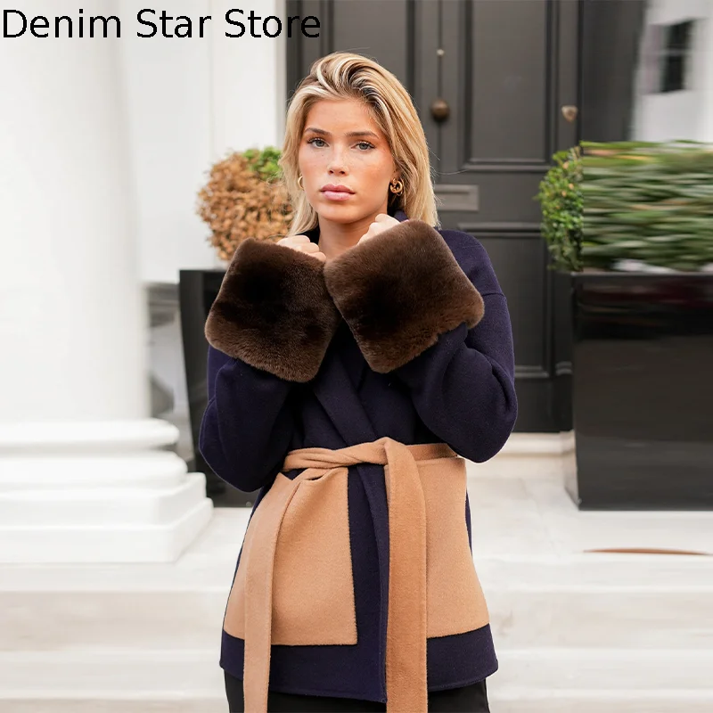 

Classic Woolen Blend Women's Coat Vintage Contrast Packet Lace-Up Blazer Jackets Autumn Chic Patchwork Faux Fur Sleeve Outerwear