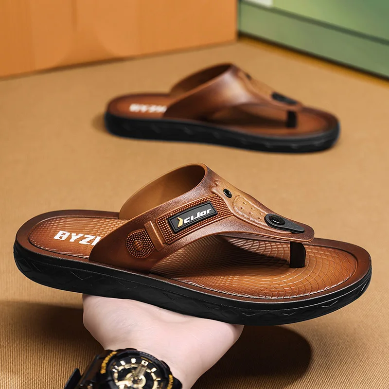 Men's Leather Texture Flip Flops Summer Non-slip Slides Thick Sole Beach Slippers Casual Outdoor House Shoes Comfortable Slipper