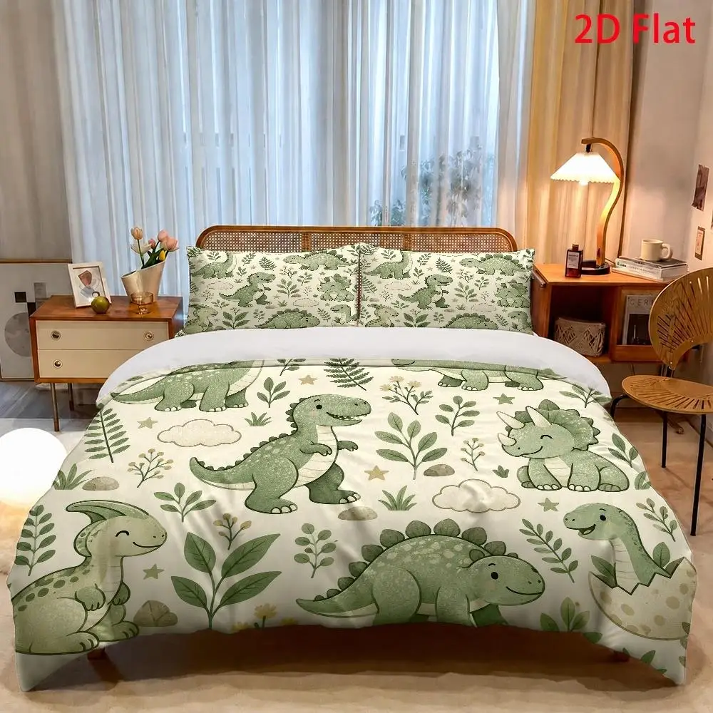 3Pcs Duvet Cover Set with 1Pc Duvet Cover and 2Pcs Pillowcases 2D Flat Cute Cartoon Dinosaur Forest Theme Hand-Painted Watercolor Quilt Cover