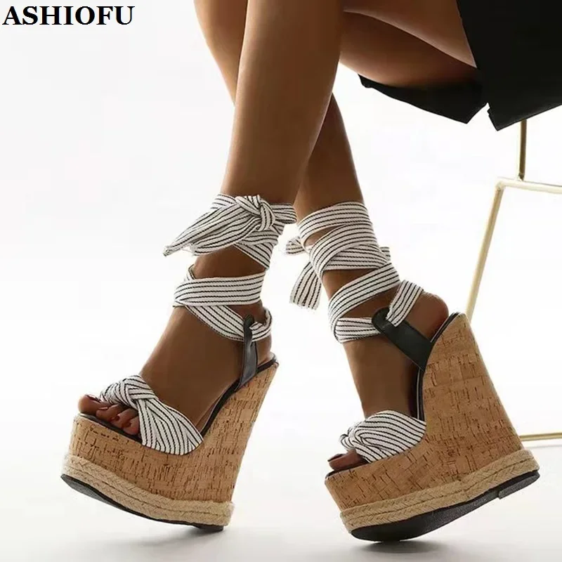

ASHIOFU Handmade New Real Photos Womens Wedges Heels Sandals Cross-Shoelace Summer Large Size Evening Party Fashion Prom Shoes