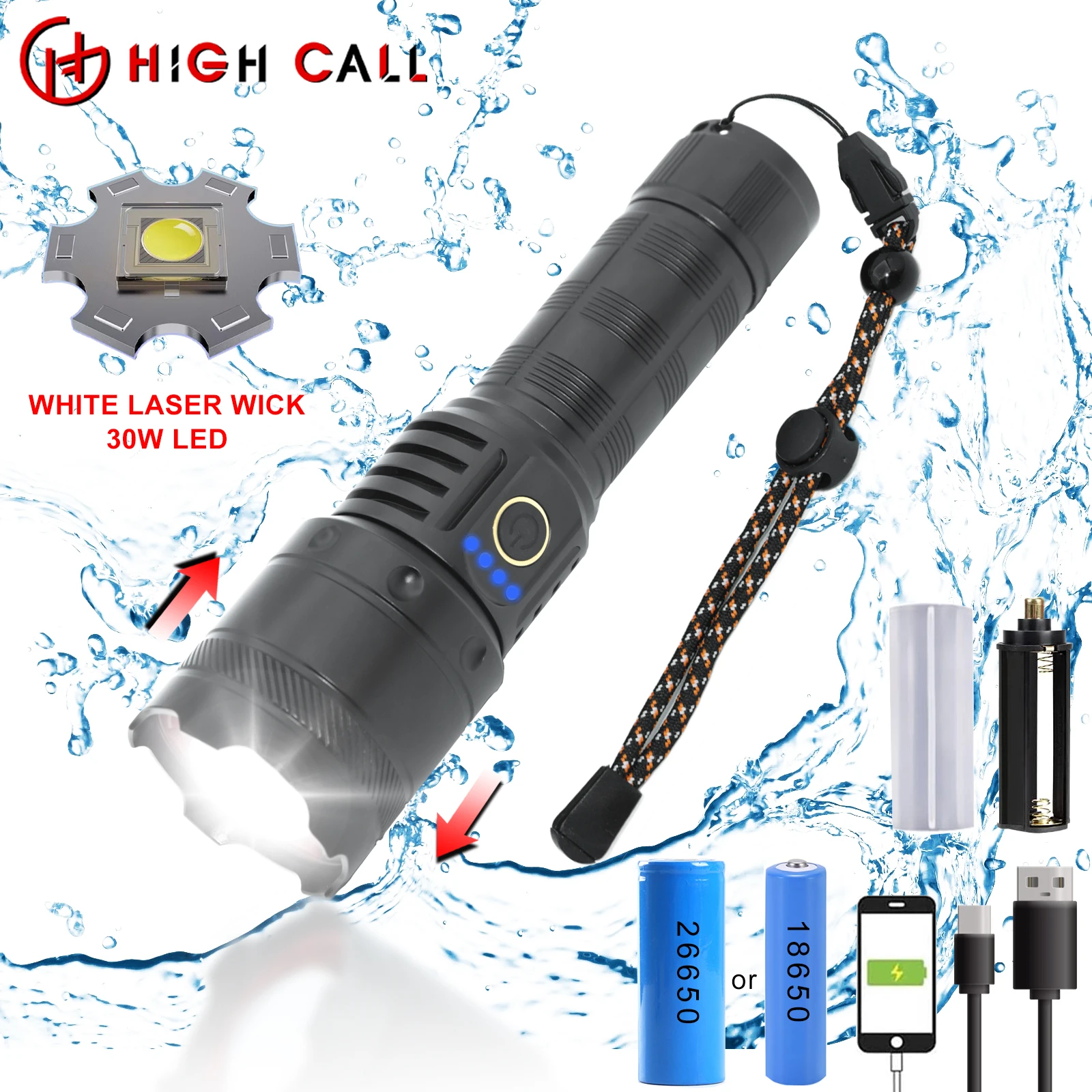 

Zoom Powerful Flashlight Laser Puissant Rechargeable LED Waterproof Torch Power Bank USB Camp Army Tactical Self Defense Outdoor