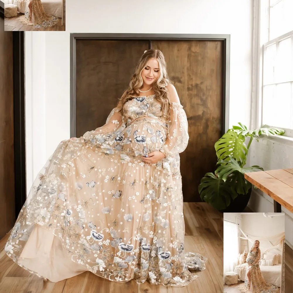 

Lace Maternity Dress Off Shoulder Embroidered Yarn Floral Long Sleeves Two-piece Set Dress For Pregnant Women Baby Shower Dresse