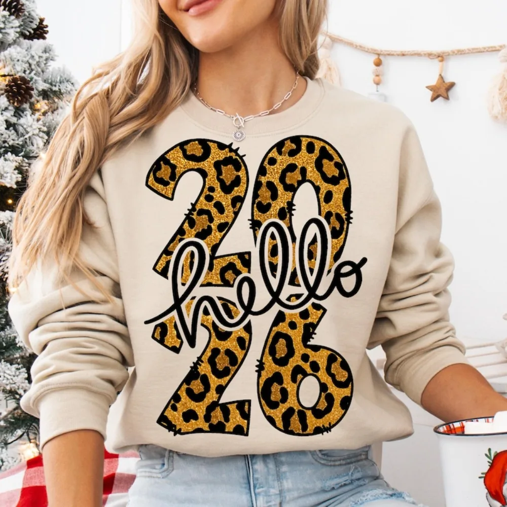 

Hello 2026, толстовка с леопардовым принтом, золотой блеск, новогодние сублимационные толстовки, Новогодняя вечеринка, Hello 2026, ретро, с Новым годом 2026