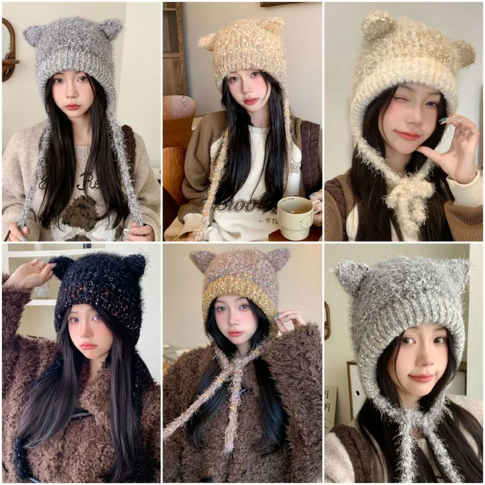 

Cartoon Cat Ear Knitting Beanie Windproof Keep Warm Earflap Hat Multicolor Cold Protection Long Loose Hat Headdress Woman