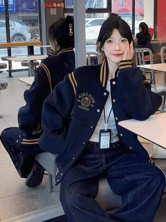 

American Sle Versatile Loose Thiened Cotton Baseball Jaet Women's Spring New Casual Color Blo Loose Fit Coat Top