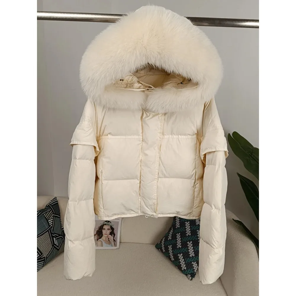 Autumn Winter Women Real Raccoon Fur Collar Hooded Detachable Sleeve Jacket Duck Down Loose Fashionable Streetwear Outerwear