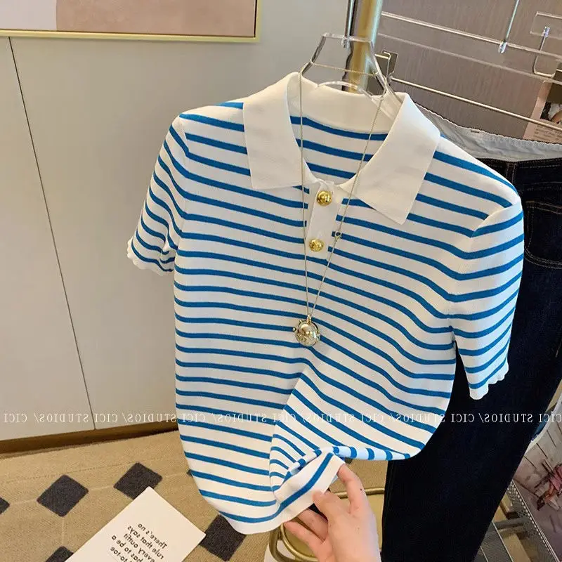 

Polo Collar Striped Short Sleeve Ice Silk Knit Women's Loose Top