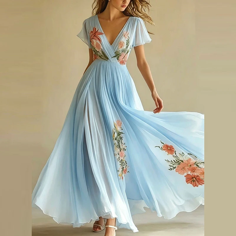 V Neck Women Sexy Holiday Long Dress Elegant Floral Print Splicing Draped Bohe Party Dress Short Sleeve Casual Summer Maxi Dress
