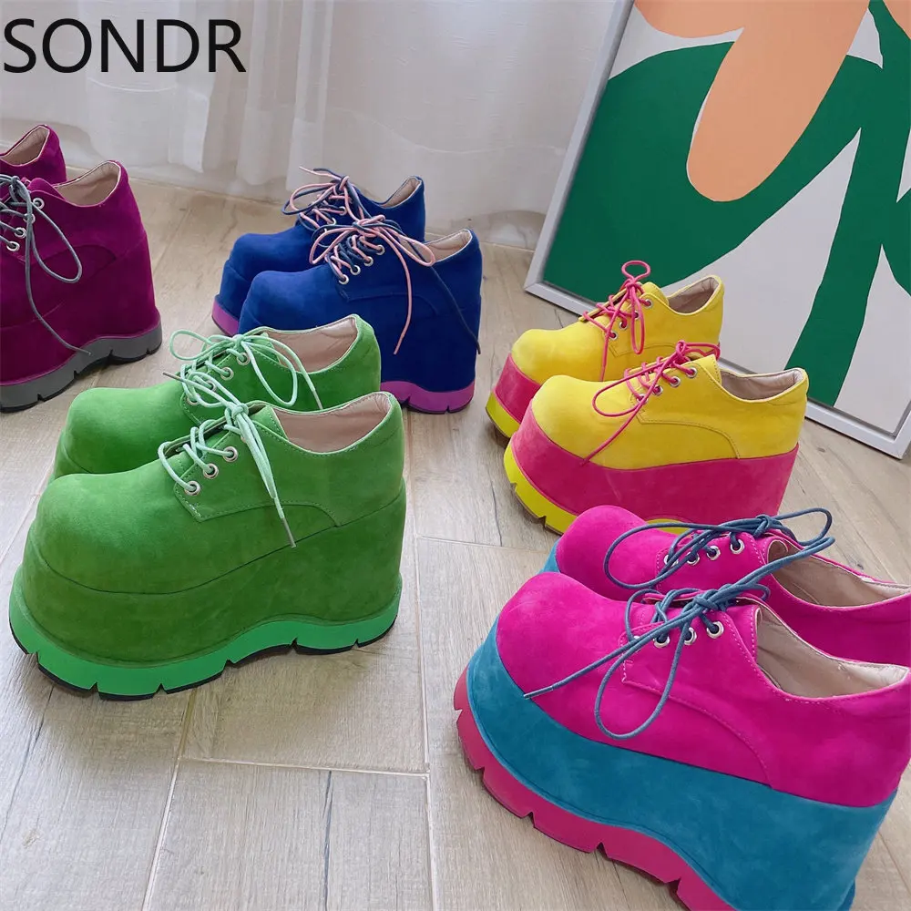 

Womens Platform Rainbow Colors High Heel Sneakers Lace Up Muffin Sport Shoes Round Toe British Styles Candy Colors