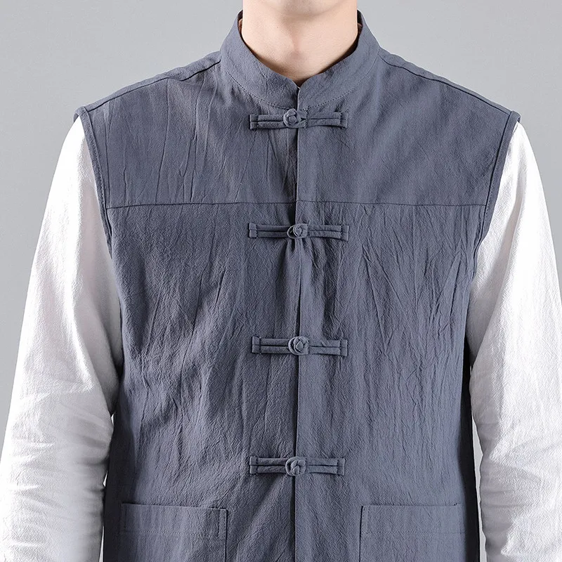Chinese Style Linen Cotton Mandarin Collar Tang Suit Sleeveless Vest Men Frog Button Open Front Waistcoat Ethnic Casual Gilet