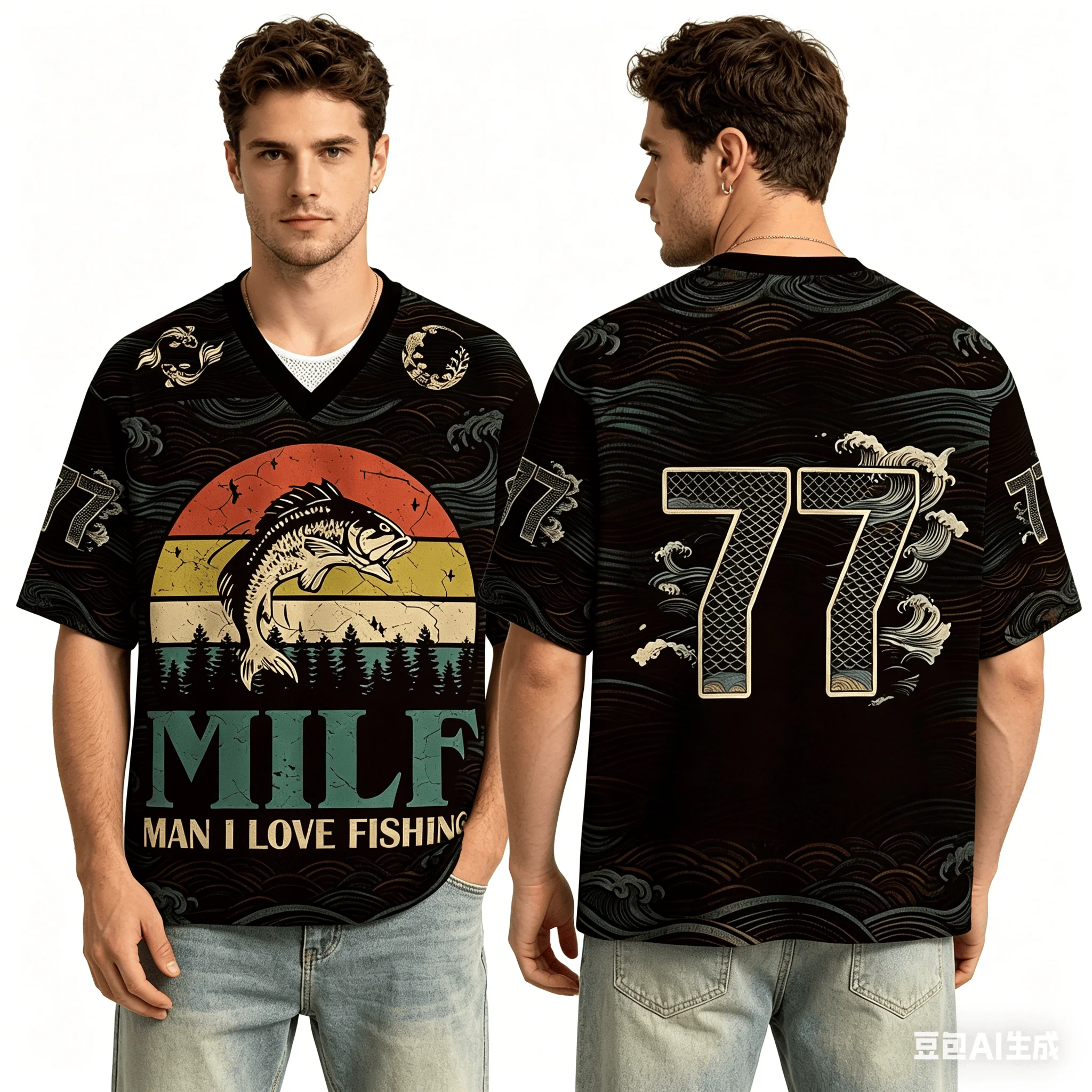 Men I Love Fishing Jerseys Retro Sunset Bass Fish PrintBlack Mesh V-neck T-shirt Adult and Children's Fun Fishing StreetwearTops